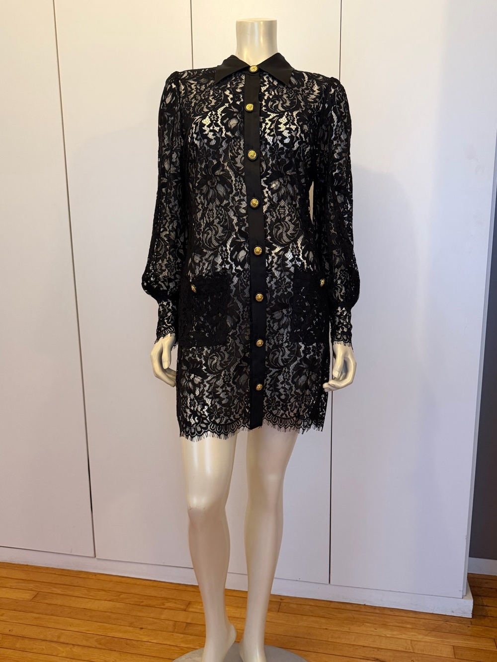 L’Agence Black Lace Button-Front Shirt Dress